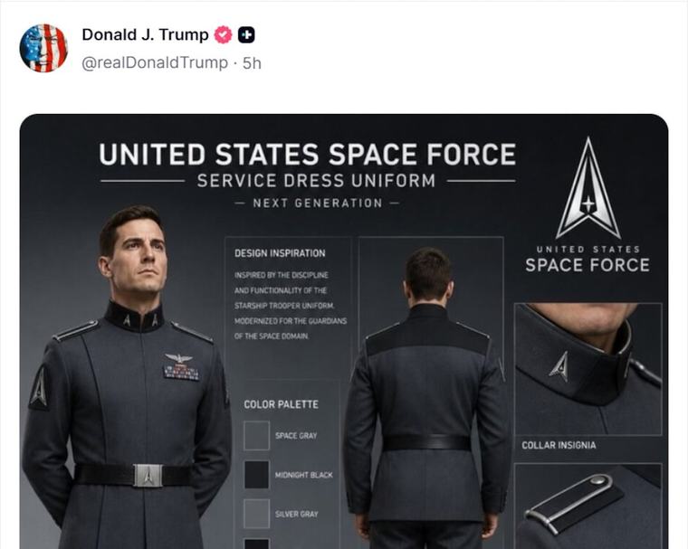 Trump desvela uniforme de Fuerza Espacial y las redes lo comparan con traje nazi